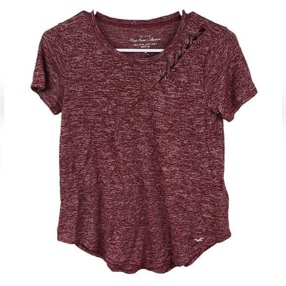 Hollister Must Have Collection Maroon Heather Lace Up Curved Hem Top Soft Tee SM - Picture 3 of 6